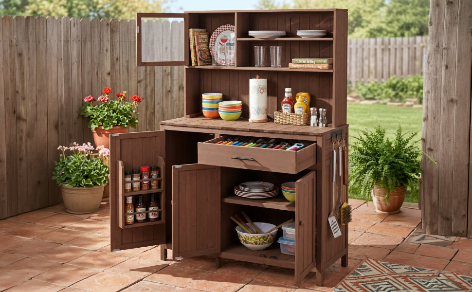 Potting Bench with Hutch, 65' H Solid Fir Wood Garden Workstation,