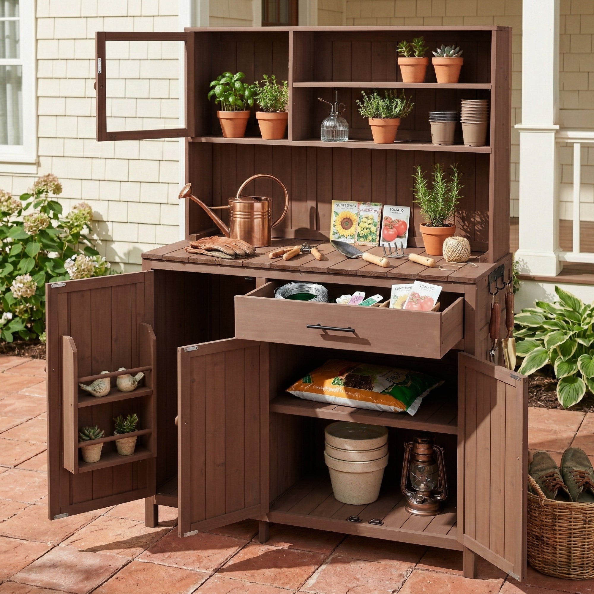 Potting Bench with Hutch, 65' H Solid Fir Wood Garden Workstation,