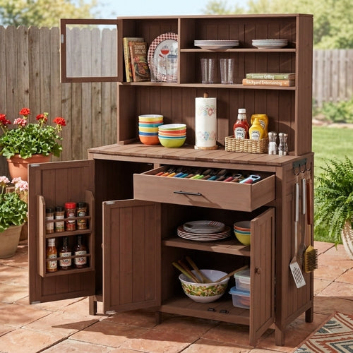 Potting Bench with Hutch, 65' H Solid Fir Wood Garden Workstation,