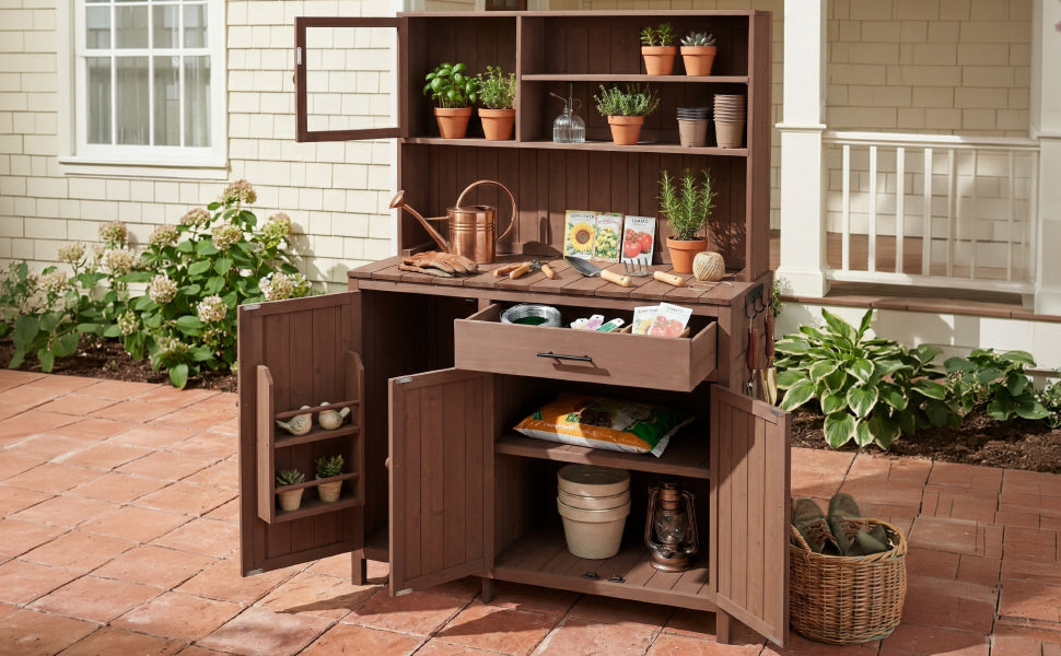 Potting Bench with Hutch, 65' H Solid Fir Wood Garden Workstation,