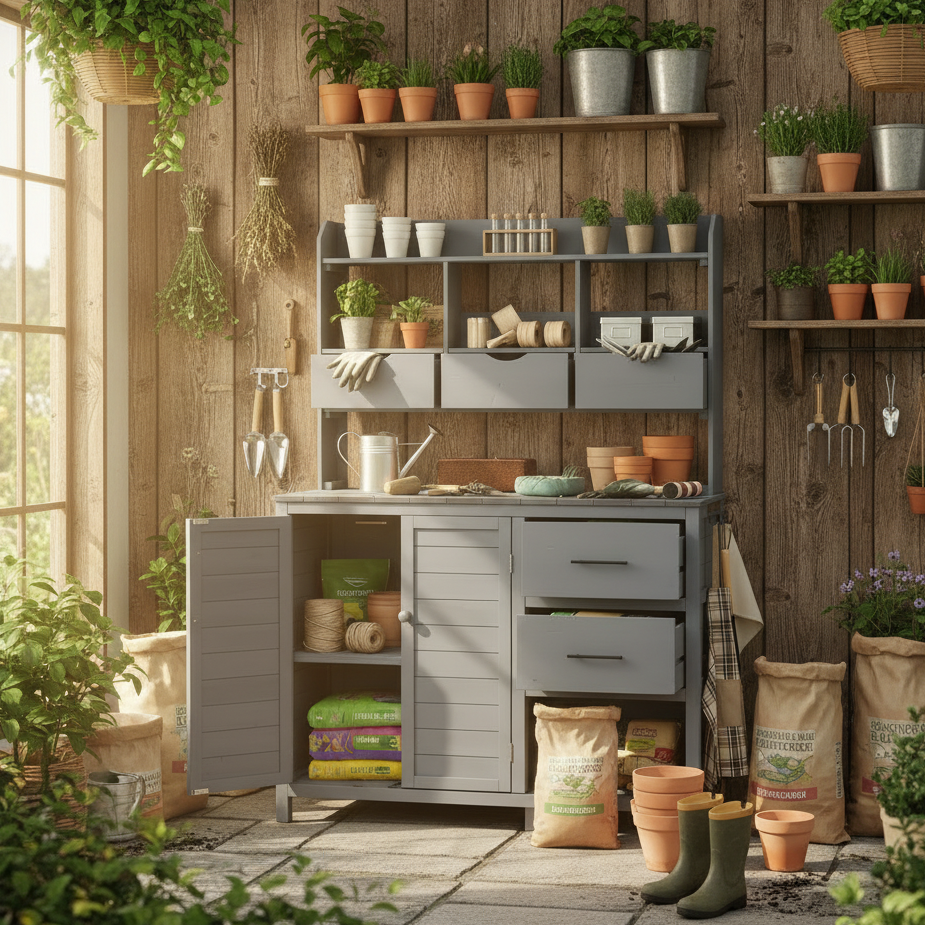Farmhouse Patio Potting Bench, 44.6''x19.5'' Large Freestanding Garden