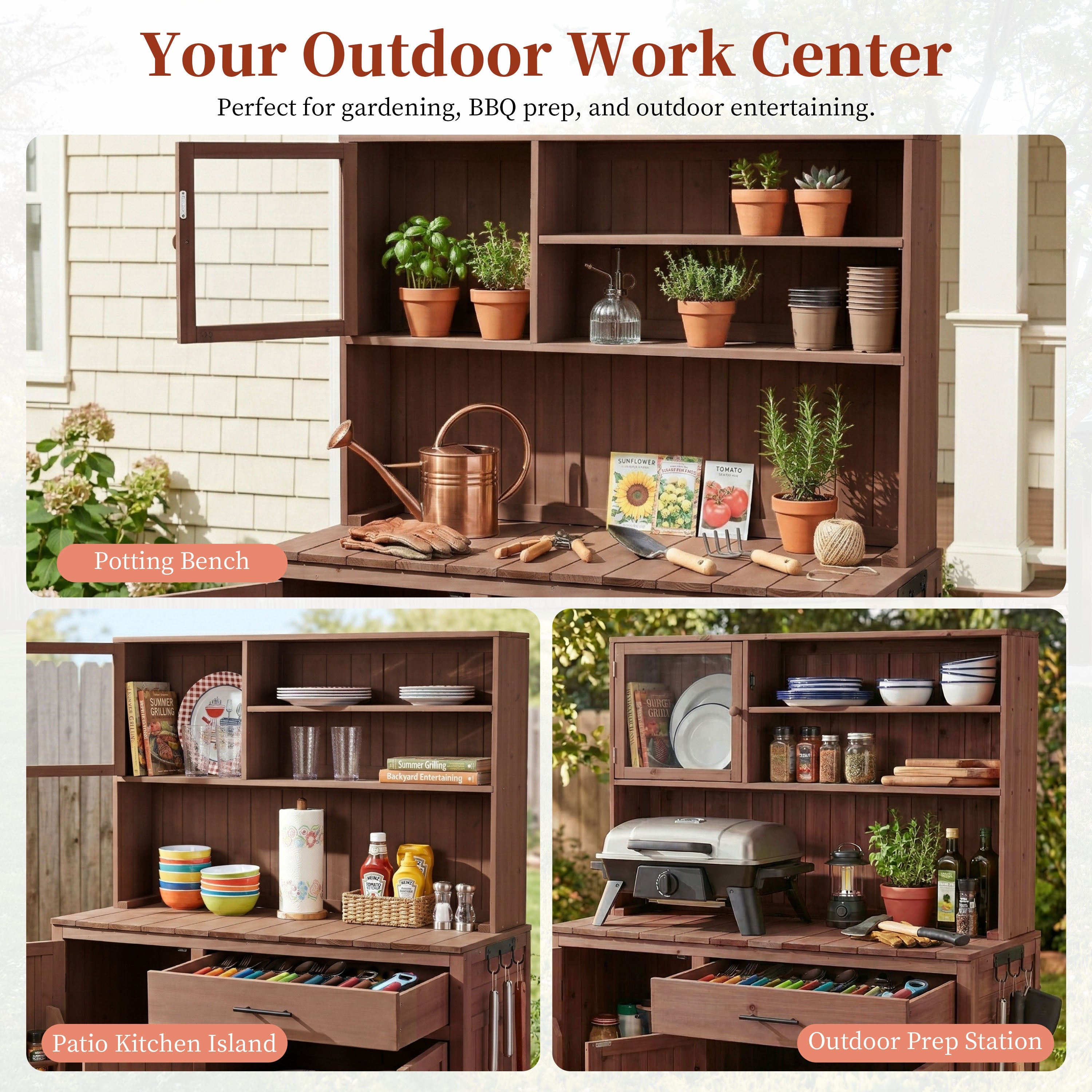 Potting Bench with Hutch, 65' H Solid Fir Wood Garden Workstation,