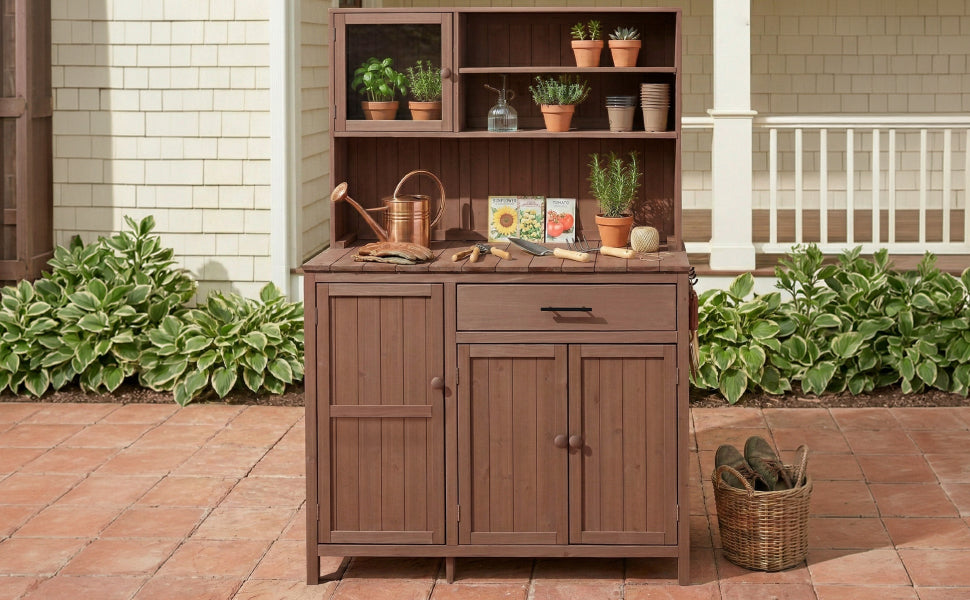 Potting Bench with Hutch, 65' H Solid Fir Wood Garden Workstation,